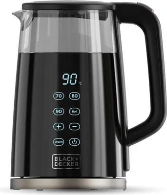 A black electric kettle with a glass top and digital display is shown against a white background.