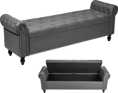 Image de Banc VEVOR Ottomane (460 x 1660 x 560 mm) en cuirPolyuréthaneavec pieds en bois & espace de rangement & boutons & accoudoirs roulés, banc pour chaussures avec capacité de charge de 300 kg, banc de lit Banc de chambre à coucher Gris