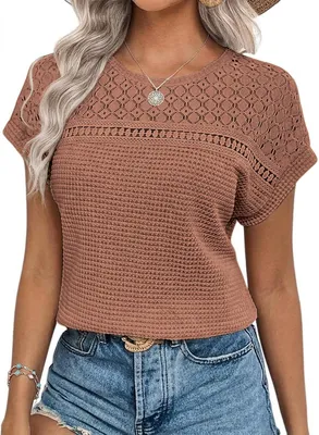 Zdjęcie produktu dla Chicrise – tunika damska, letnia, casual, z koronką, sweter z dzianiny waffle, luźna bluzka