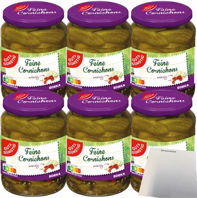 Produktbild von Gut & Günstig Cornichons würzig-pikant kleine feine Gurkensortierung 6er Pack (6x670g Glas) + usy Block