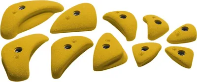 Gelbe L-Klettergriffe aus Kunststoff im Set von Ocun; geeignet für Kletterwände.