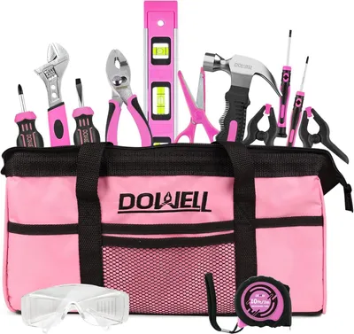 Produktbild von Werkzeugset 14-teilig, rosa, mit Aufbewahrungstasche, für Heimdekoration