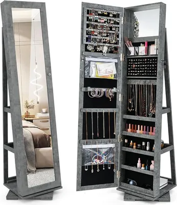 Productafbeelding van 360° draaibare sieradenkast, spiegelkast met sieradenopslag en 2 planken, afsluitbare sieradenorganizer met sleutels (39 x 39 x 161 cm, vintage grijs)
