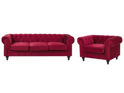 Produktbild von BELIANI Sofa Set Dunkelrot Samtstoff Sizgruppe Chesterfield Stil Glamourös Wohnzimmer Salon