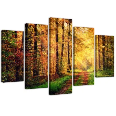 Image de Tableau en toile 5 pièces « Chemin forestier » 200 x 100 cm Feeby orange Tableau mural prêt à accrocher