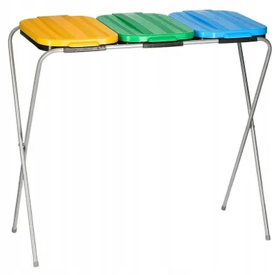 A three-bin recycling stand with yellow, green, and blue lids, shown against a white background.