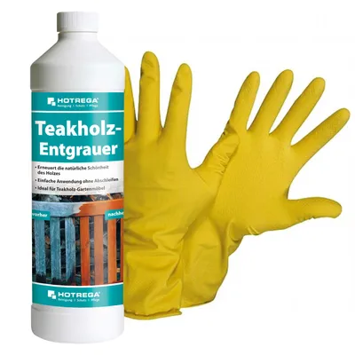 Produktbild von HOTREGA Teakholz Entgrauer 1L + Handschuhe Gr.10 - Teak- und Hartholz entgrauen
