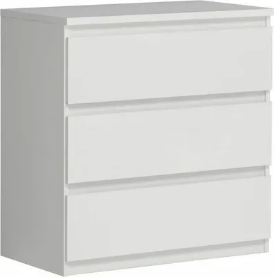 A white three-drawer dresser is shown from a three-quarter front view against a white background.