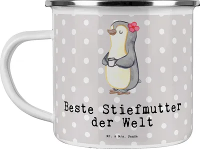 Produktbild von Mr. & Mrs. Panda Teetasse Pinguin Beste Stiefmutter der Welt - Grau Pastell - Geschenk, Geschenkidee, Haferl, Mama, Kaffeepott, Mutti, Muttertag, Danke, Blechtasse, Sohn