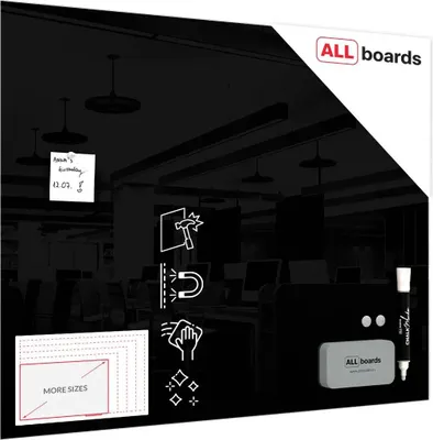Produktbild von Magnetisches Glasboard 100x80cm Schwarz, beschreibbar, gehärtetes Glas, vertikal/horizontal montierbar