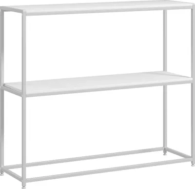 A white console table with two shelves against a white background.