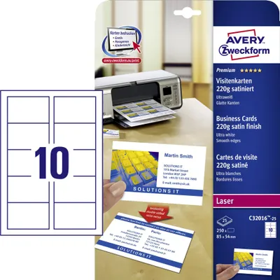 Produktbild von Avery Zweckform C32016-25 Premium Visitenkarten, 85 x 54 mm, beidseitig beschichtet - satiniert, 25 Blatt