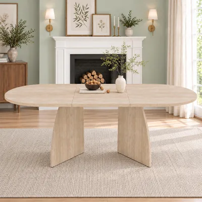 Productafbeelding van Uitklapbare eettafel, ovaal, 150/200x90x75 cm. Keuken- of eettafel met afgeronde hoeken, uitschuifbaar voor 4-8 personen, houtkleur