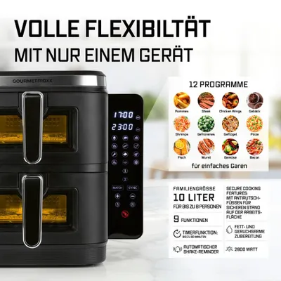 Obrázek produktu pro GOURMETmaxx FryUp Vertikální dvojkomorová horkovzdušná fritéza, 10 l – dotykový displej