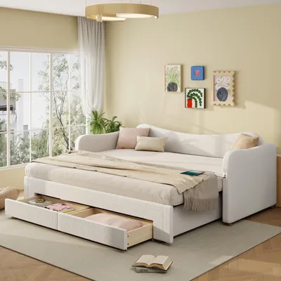 Image de Lit avec coffre de rangement, dimensions 90x200 cm, canapé-lit convertible en lit 180x200 cm, canapé avec deux tiroirs, ports USB et Type-C, tissu bouclé beige