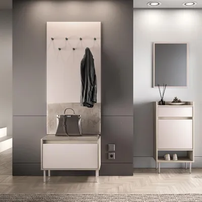 Produktbild von Garderoben-Set mit Wandpaneel & Schuhbank & Spiegel & Schuhschrank in Kaschmir mit Holz-Optik, 4-teilig - VITTORIA-131