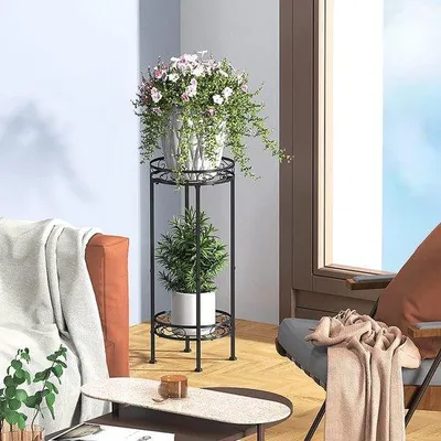 Productafbeelding van Plantenrek 70 x 30 cm - Bloempotstandaard met 2 niveaus, zwart