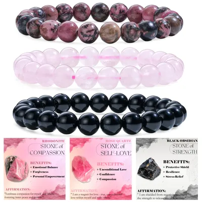 Immagine prodotto di Braccialetti di perle, set da 3 pezzi, 8 mm, rodonite, quarzo rosa, ossidiana nera, elastico in gomma, adatti per lo yoga