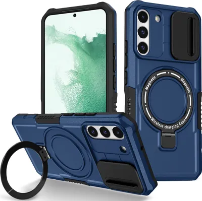 Produktbild von Handyhülle für Samsung Galaxy S22+ 5G Kompatibel mit MagSafe, Robuste Hülle mit Schiebe Kamera Schutz, Magnetischer Ringständer Blau
