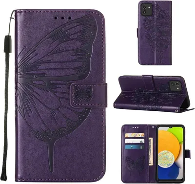 Immagine prodotto di Galaxy A03 Case, Farfalla in rilievo Flip Custodia in pelle titolare di carta con stand per Samsung Galaxy A03 Viola