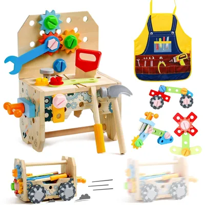 Produktbild von Holzwerkzeugwagen Werkzeugset Kinderwerkbank - 52 Teile - Ab 2 Jahren - Mit 4 Rädern - Für Kinder und Spielzeug