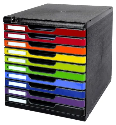 Produktbild von Ablagebox Modulo mit 10 abschließbaren Schubladen für DIN A4+ Dokumente, schwarz/bunt
