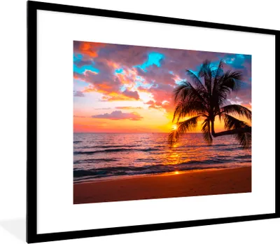Produktbild von MuchoWow® Gerahmtes Poster Palme - Sonnenuntergang - Strand - Meer - Horizont 80x60 cm - Poster mit Schwarzem Bilderrahmen Wandposter Rahmen Foto Bilder - Schlafzimmer-Dekorationen - Fotoposter