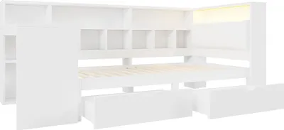 Produktbild von okwish Jugendbett 90x200 mit Schreibtisch und Bücherregal,L-förmiges Holz-Plattformbett mit mit gepolstertem Kopfteil,Schubladen,Einzelbett mit LED,ohne Matratze,Weiß