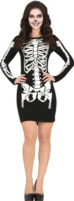 A woman is posing in a skeleton costume.