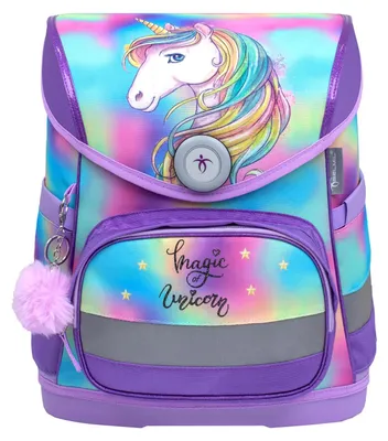 Produktbild von Belmil Schulranzen Set COMPACT 2026 Magnetschloss Rainbow Color (Motiv: Einhorn mit Regenbogenmähne) für Mädchen
