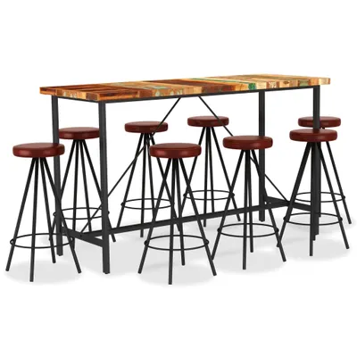 Image de vidaXL Ensemble de bar 9 pièces Bois massif recyclé et cuir véritable
