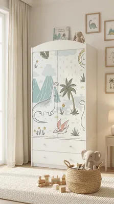 Produktbild von Kinderschrank Weiß 88x187 cm Kleiderschrank Kinder 2 Türen 2 Schubladen mit Kleiderstange Kinderzimmer Möbel, Dinosaurier