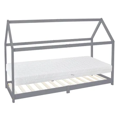 Obrázek produktu pro ML-Design dětská postel 90x200 cm s matrací, stříškou a lamelovým roštem, světle šedá, domácí postel z borovicového dřeva podlahová postel dřevěná postel