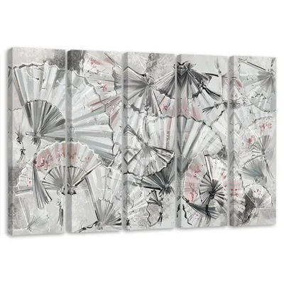 Produktbild von 5-teiliges leinwandbild japanische fächer 100x70 cm Feeby grau wandbild bereit zum aufhängen