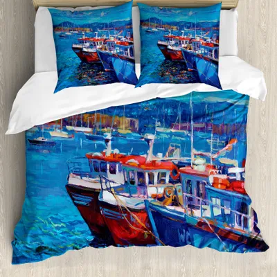 Produktbild von ABAKUHAUS maritim Bettbezugs Set Für Doppelbetten, Hafen am Meer, Milbensicher Allergiker geeignet mit Kissenbezügen, Navy Red