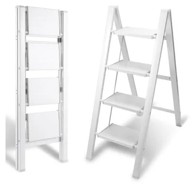 Produktbild von Aluminium Klappleiter 4 Stufen, Leichte Stehleiter, Alu Trittleiter 4 Stufen Klappbar, rutschfeste Leiter mit Klappsicherung, Klappleiter für Haushalt, Küche, Belastbar bis 150 kg, Weiß