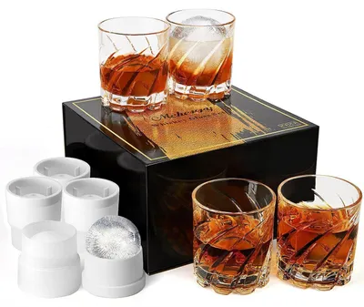 Obrázok produktu pre Sada 4 whisky pohárov z krištáľu, vrátane 4 formičiek na guľaté kocky ľadu. Darčeková sada