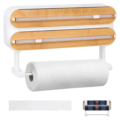 Produktbild von Wandmontierter Papierhandtuchhalter, 3-in-1-Spender für Frischhaltefolie, magnetischer Papierhandtuchhalter, Frischhaltefolienschneider, Papierrollenhalter, Folienspender mit Frischhaltefolie, weiß