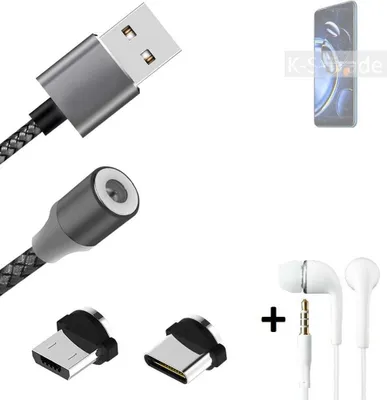Produktbild von K-S-Trade® Hochwertiges Magnet-Lade-kabel Sync-Kabel Daten-Kabel + Kopfhörer kompatibel mit Xiaomi Redmi Note 11SE mit USB-Typ-C-Anschluss und
