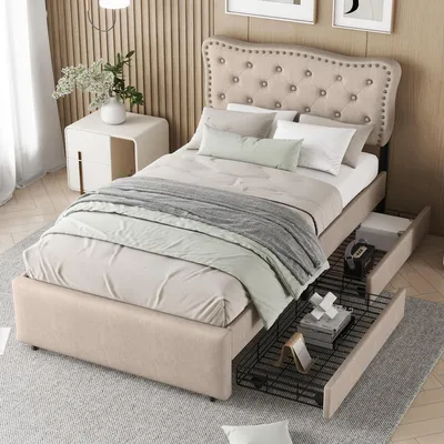 Image de Lit rembourré 90 x 200 cm avec tiroirs et tête de lit rembourrée, lit simple moderne avec espace de rangement pour chambre à coucher et chambre d'adolescent, beige foncé