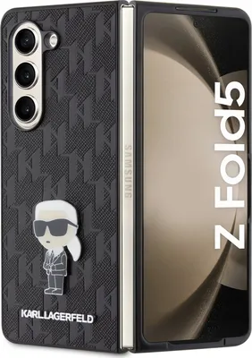 A black Karl Lagerfeld Saffiano Monogram Ikonik Pin case for a Samsung Galaxy Z Fold 5 is shown.