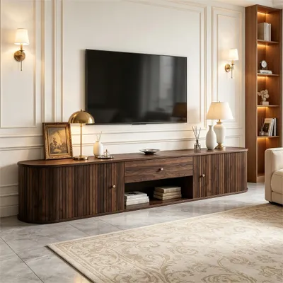 Produktbild von Merax TV Lowboard Fernsehtisch mit 2 Rolltüren und 1 Schublade, 180cm TV-Schrank mit Runddesign, TV Board für 75 Zoll Fernseher, Walnuss Optik