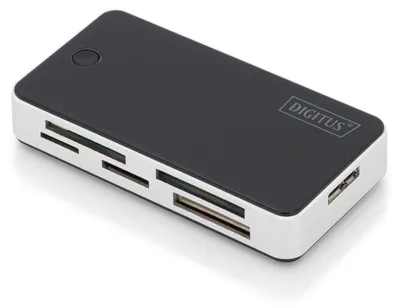 Produktbild von Digitus All-in-one Kartenlesegerät, USB 3.0, CF, MMC, MMC Mobile, MMC+, MMCmicro, MS Micro (M2), MS PRO, MS PRO Duo, Speicherstick (MS),..., Schwarz, Weiß, 5000 Mbit/s, USB 3.2 Gen 1 (3.1 Gen 1), USB, 1 m