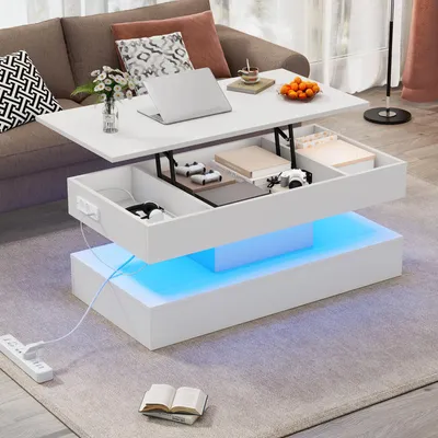 Image de MODFU Table Basse LED et Rangement Caché - Table de Salon Moderne avec Système Hydraulique, Blanc, 100×50×42 cm