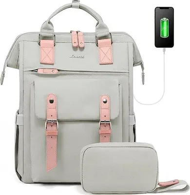 Produktbild von Unyqoos® Damen Laptop-Rucksack 15,6 Zoll – wasserdichter Business- & Schulrucksack, gepolstertes Laptopfach bis 39×27 cm, 42×28,5×14 cm, USB-Anschluss, grau