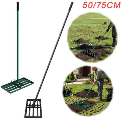 Produktbild von UISEBRT Verstellbare Rasenharke Grün 75x25cm, Edelstahl Gartenharke mit rutschfestem Gummigriff für Rasen und Golfplatz