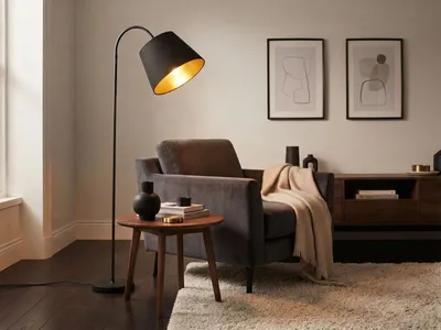 Produktbild von Moderne Wohnzimmer Stehlampe gebogen mit Lampenschirm Schwarz Gold, Höhe 156cm