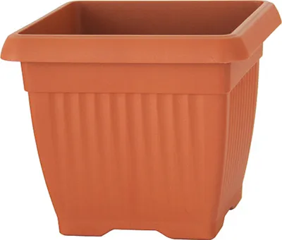 A square terracotta-colored plastic planter pot is shown against a white background.