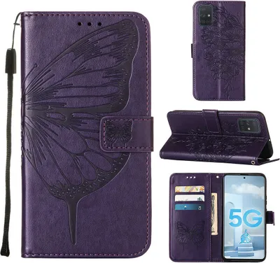 Produktbild von Galaxy A51 5G Hülle, Schmetterling Prägung Flip Leder Kartenfächer Schutzhülle Ledertasche mit Ständer für Samsung Galaxy A51 5G Lila