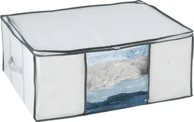 A storage box filled with folded clothes.